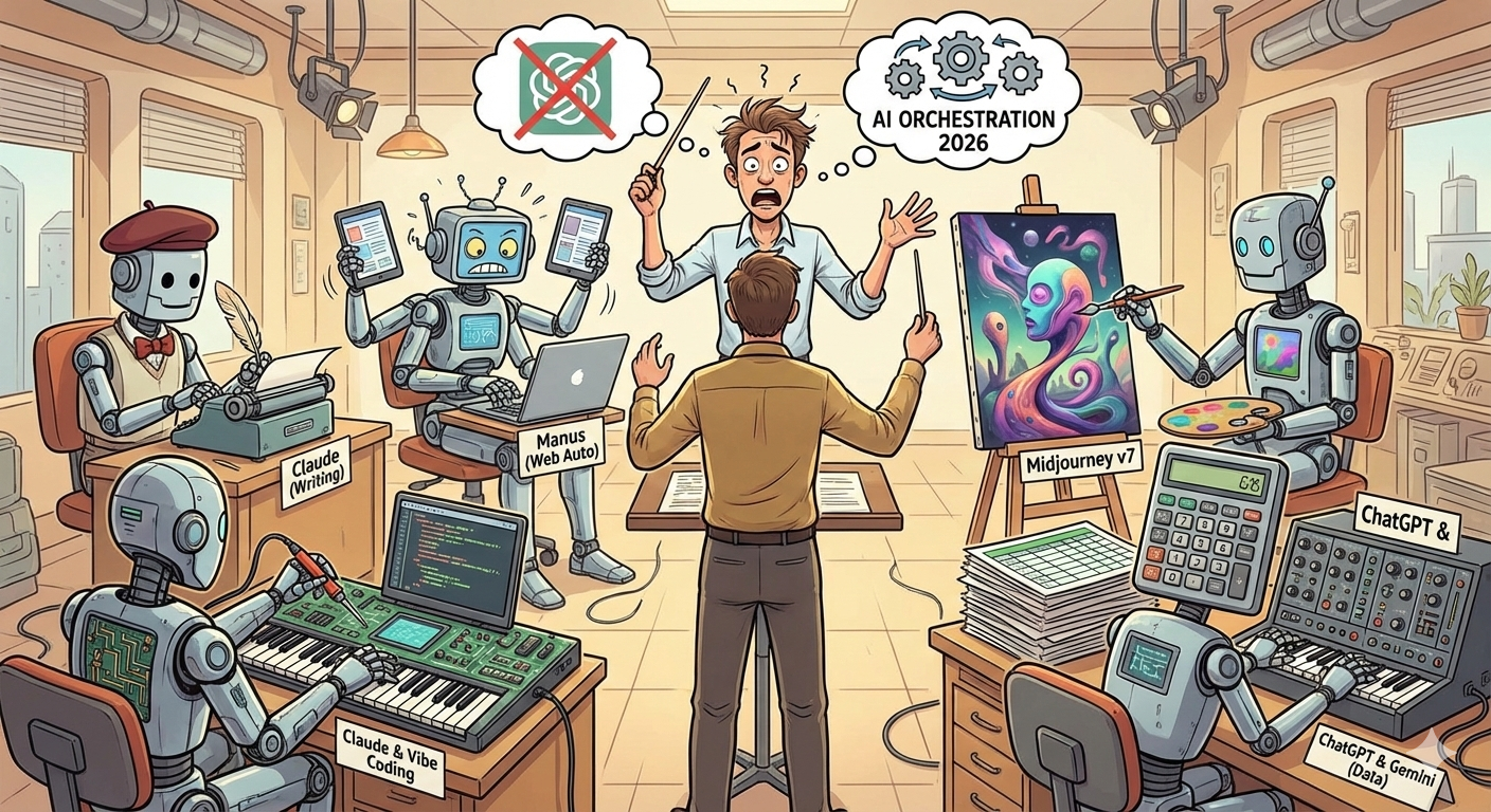 Illustration humoristique de l'orchestration des différentes IA (Claude, Manus, Midjourney, ChatGPT) en 2026