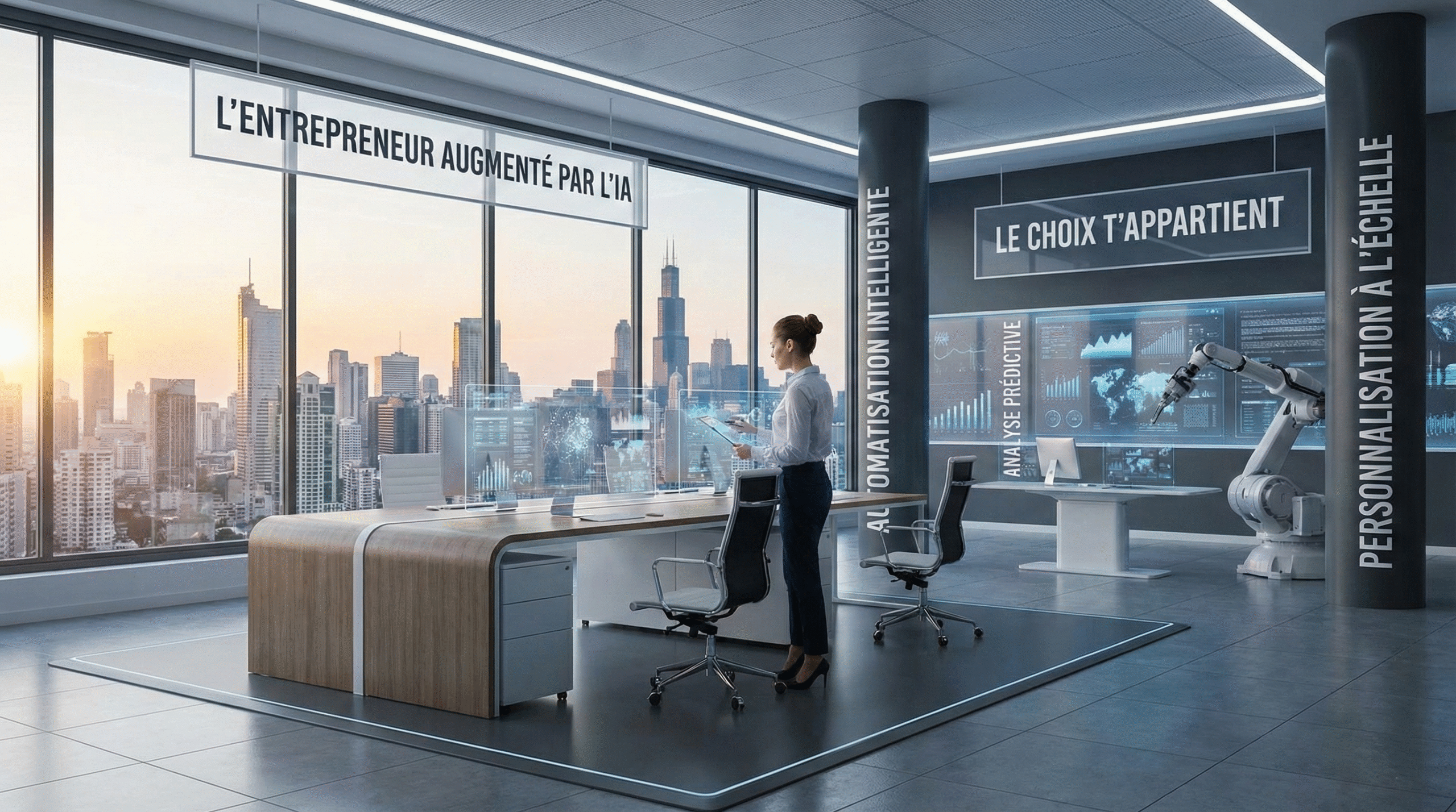 Bureau futuriste de l'entrepreneur augmenté par l'IA