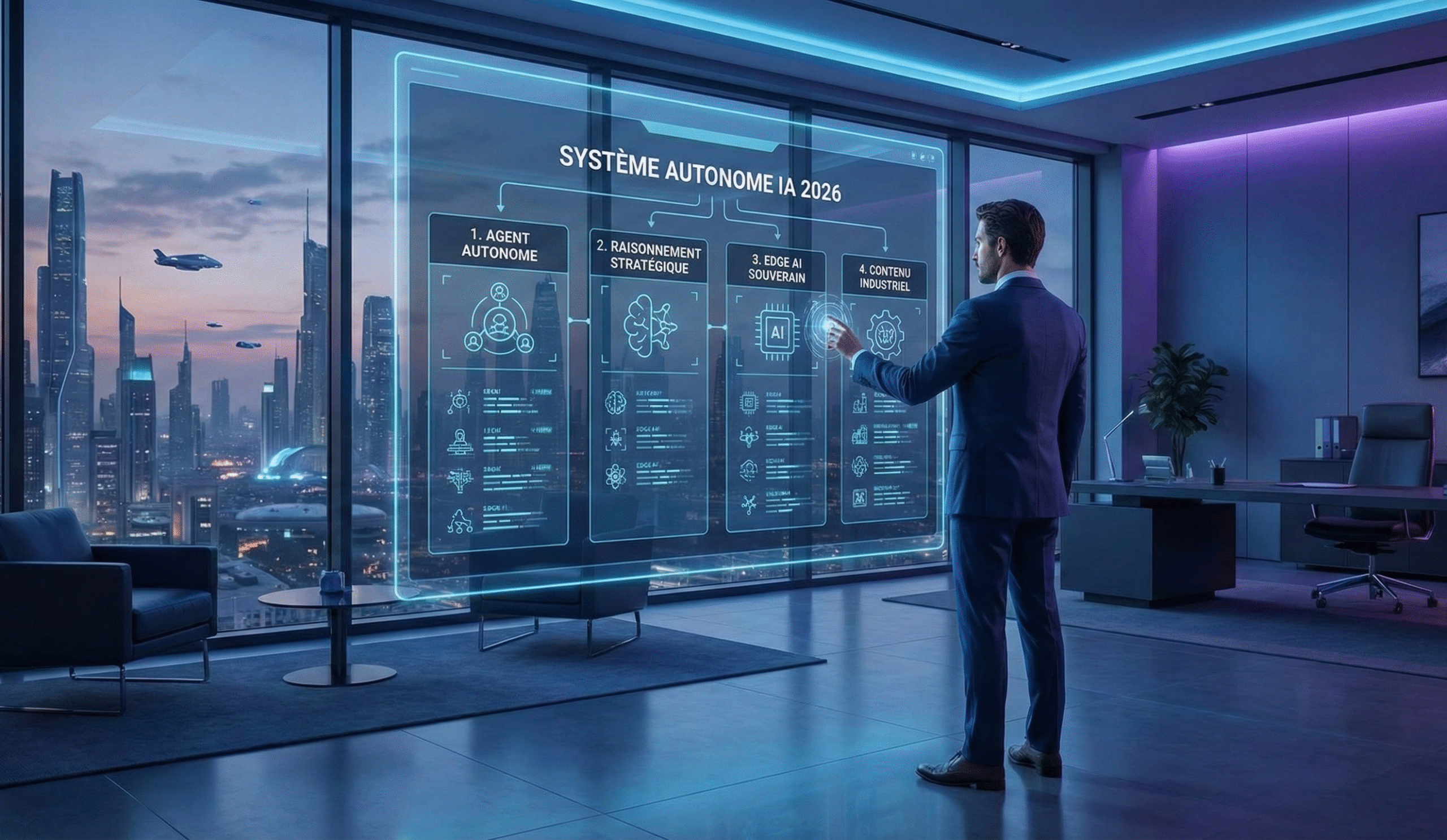 Entrepreneur face à une interface holographique montrant les 4 piliers des systèmes IA autonomes de 2026