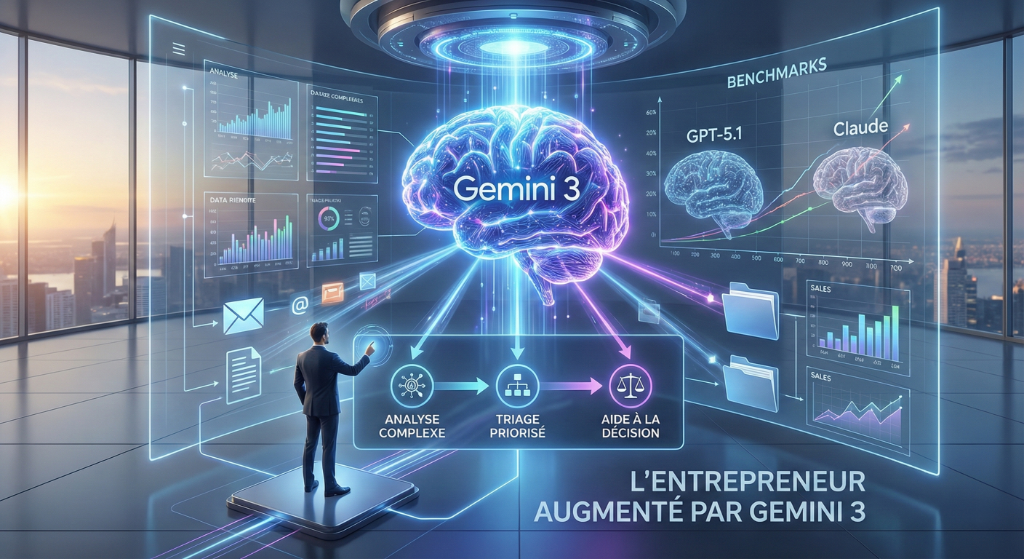 Entrepreneur utilisant Gemini 3 pour analyser des benchmarks