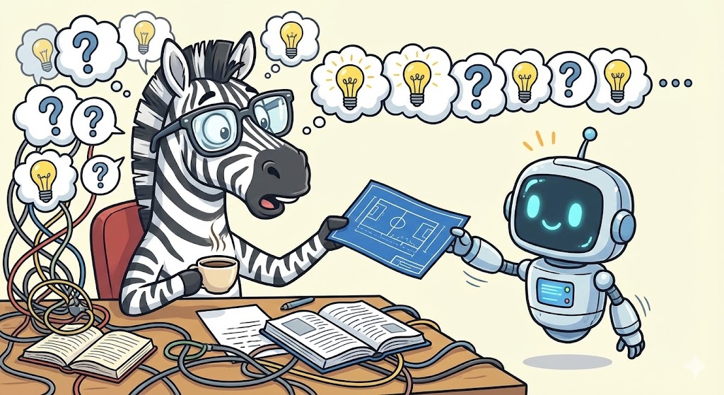 Illustration humoristique d'un zèbre débordé d'idées qui se fait aider par un robot IA pour structurer un plan.